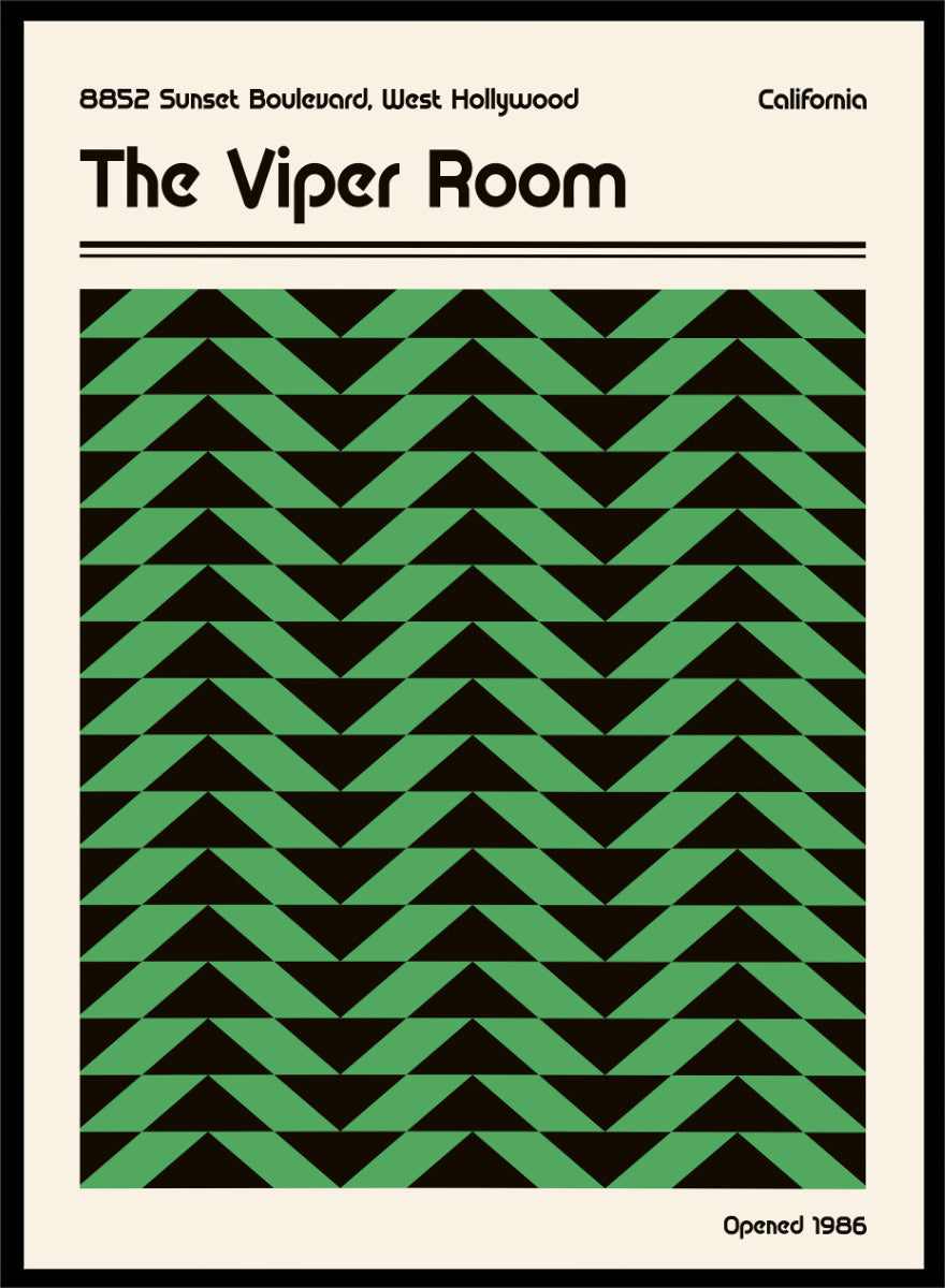 A poster-style graphic for The Viper Room, showing a cream background with black text reading the venue name and address, plus a large central green-and-black geometric pattern of repeating triangles. &