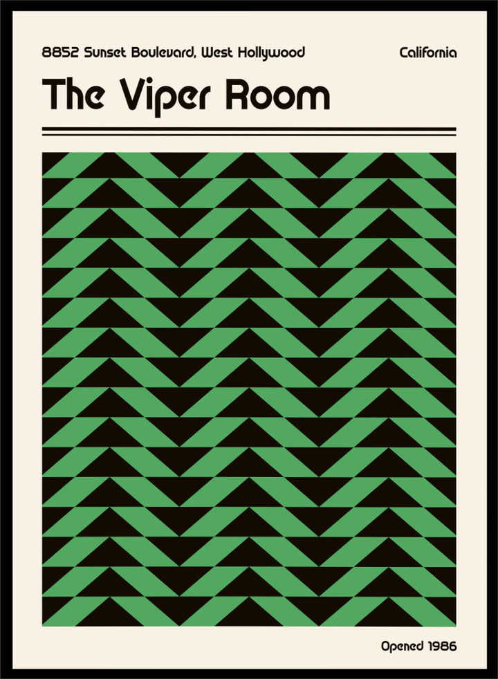 A poster-style graphic for The Viper Room, showing a cream background with black text reading the venue name and address, plus a large central green-and-black geometric pattern of repeating triangles. &