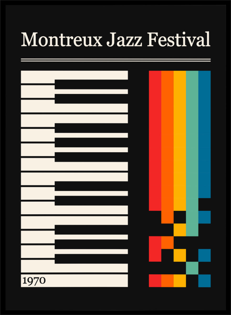 Montreux Jazz Festival 1970 poster design with a black background, white piano keys on the left, a vertical rainbow stripe graphic on the right, and the festival title at the top. Colorful Jazz Keyboard by Retrodrome retro music art print featuring piano keys, Montreux Jazz Festival typography, and bold 1970s color blocks.