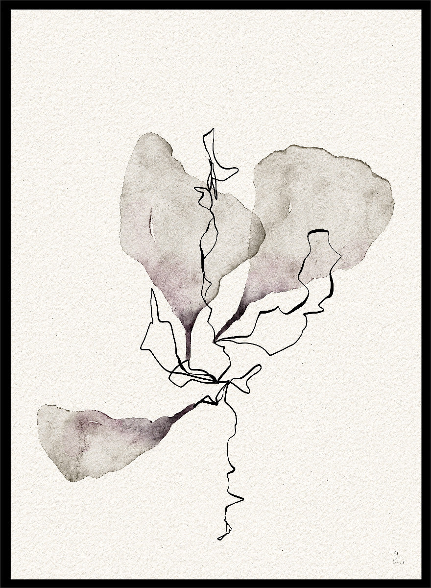 Shop Delicate Botanical Study by Ankie Kooi, a modern botanical wall art print poster with minimalist flower line art, abstract florals, soft taupe, and dusty lavender.
