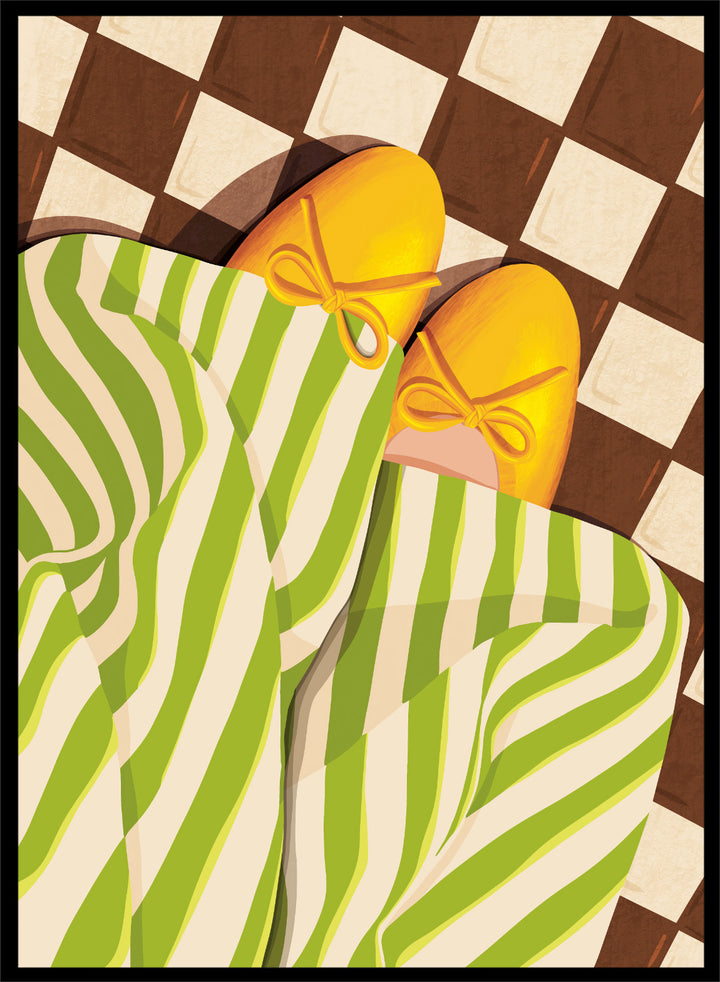 A stylized illustration of a person wearing green and white striped pajama pants and yellow slip-on shoes with bow details, lying on a brown and cream checkered floor. Cozy Striped Feet by Lisa Solomoniuk premium framed fine art print featuring yellow slippers, green striped trousers, and a bold checkered floor.