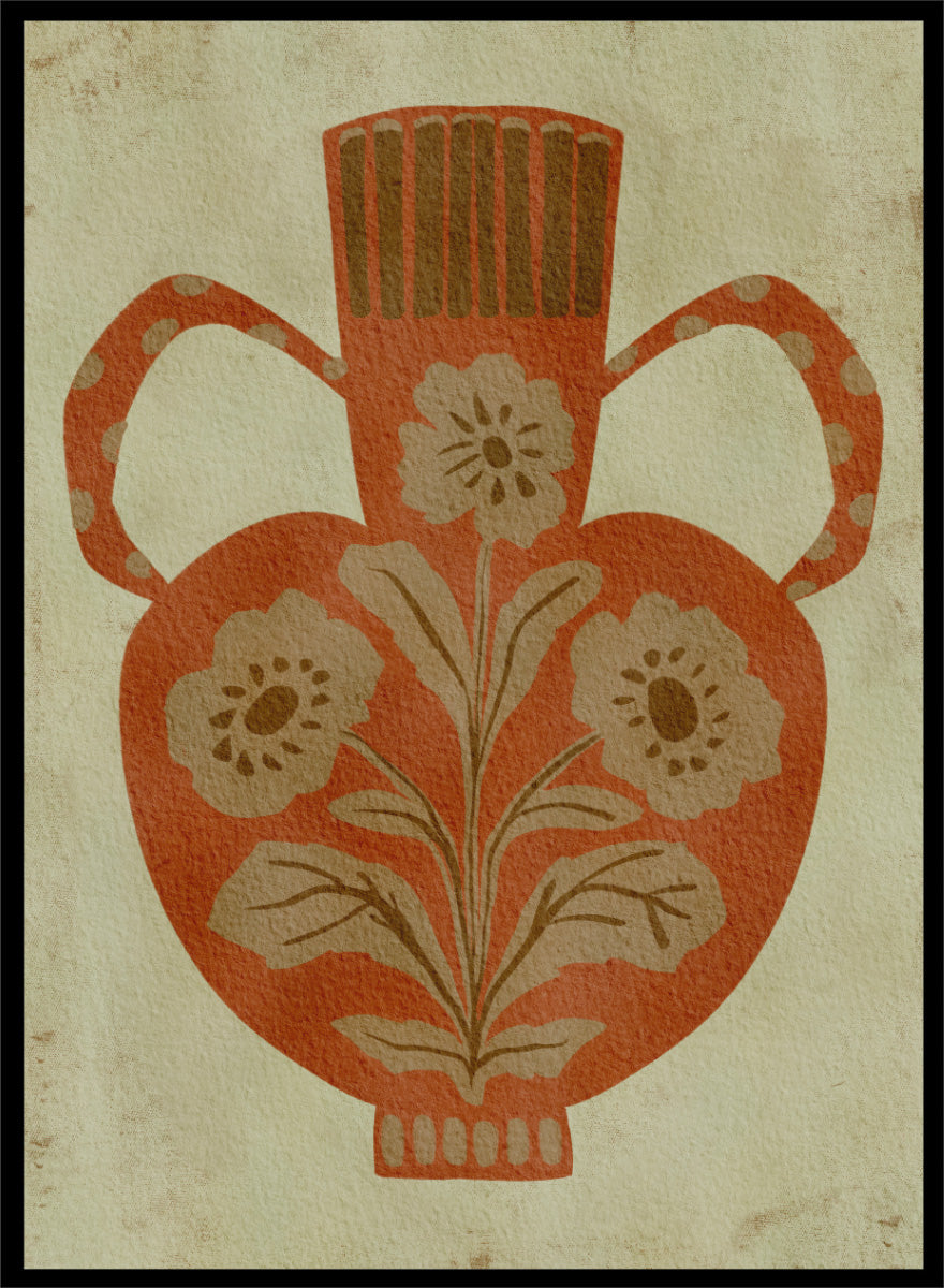 Shop Rustic Floral Vase by Nikita Jariwala, a botanical wall art print featuring a terracotta vase, folk-inspired flowers, and warm rust, tan, and cream tones.