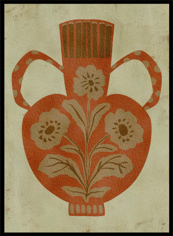 Shop Rustic Floral Vase by Nikita Jariwala, a botanical wall art print featuring a terracotta vase, folk-inspired flowers, and warm rust, tan, and cream tones.