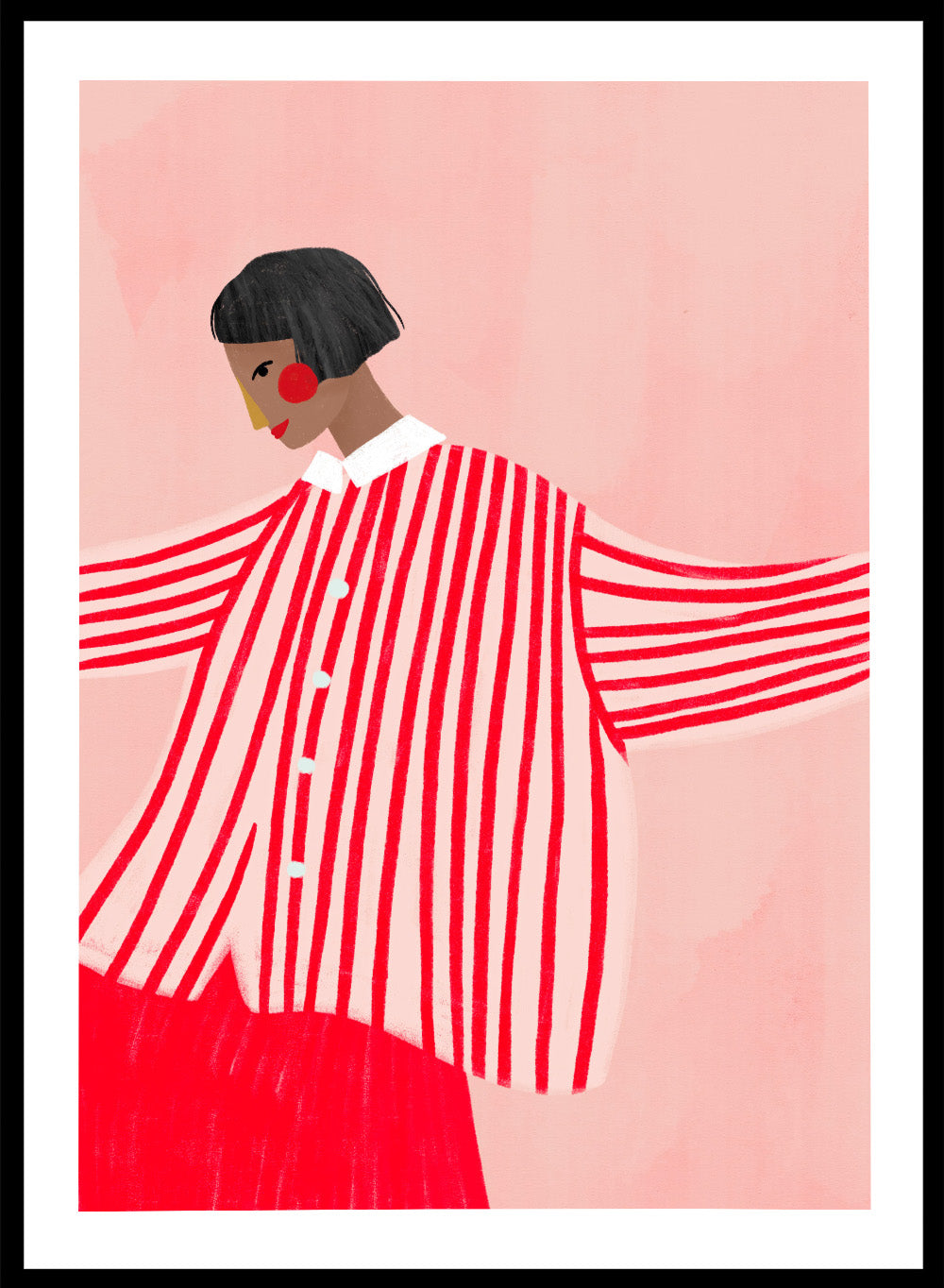 The Woman With the Red Stripes by Bea Müller is an officially licensed art print featuring bold red patterns and a modern illustrated woman. Available framed or unframed.