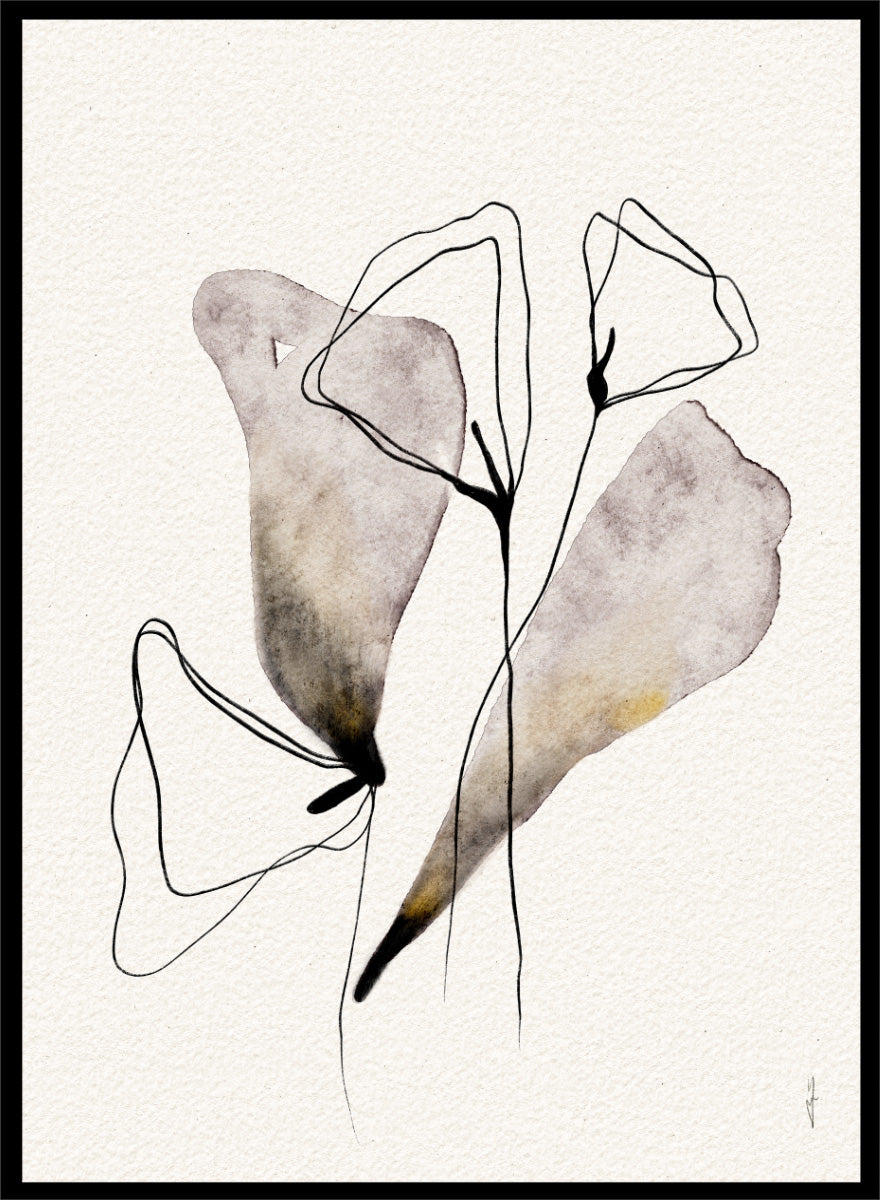 Shop Abstract Watercolor Flora by Ankie Kooi, a modern abstract floral wall art print poster with minimalist line art, botanical forms, soft lavender, and muted gold.