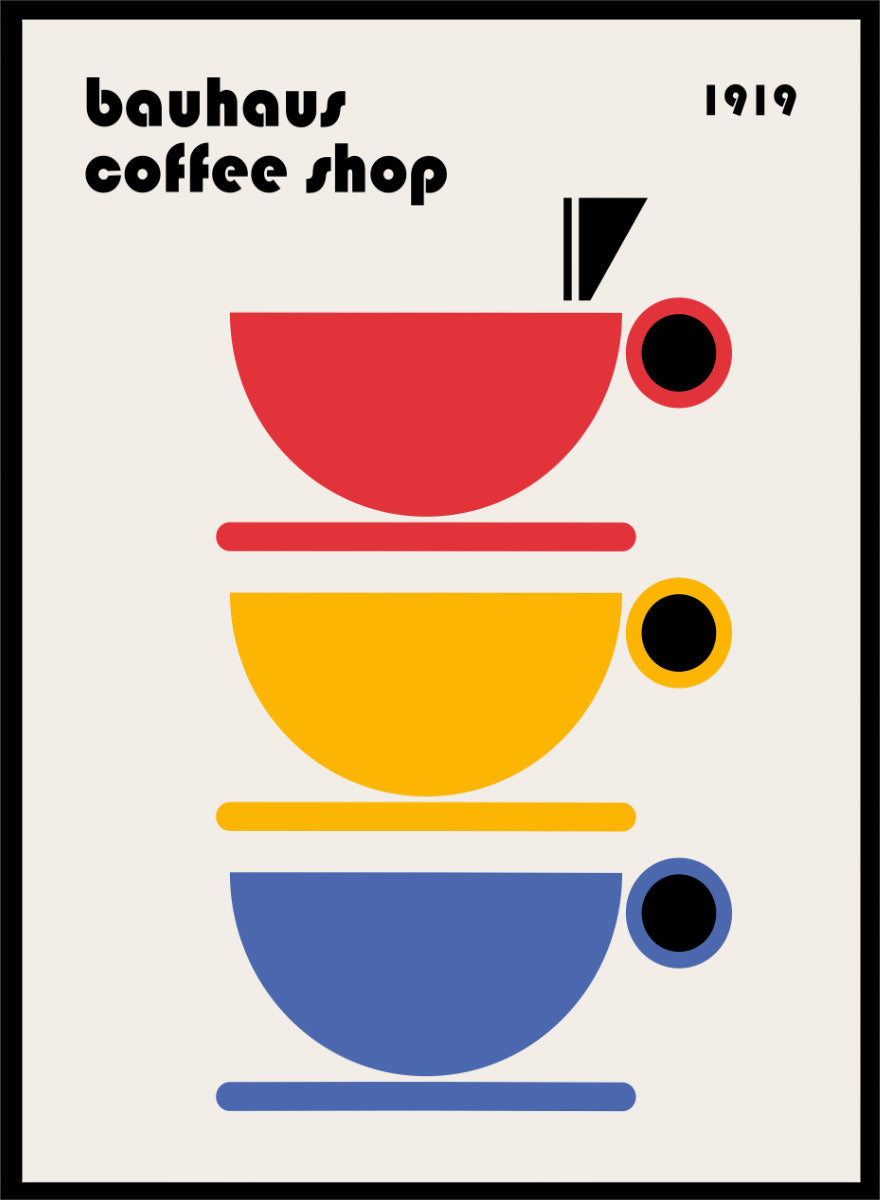 Bauhaus Coffee Cups by Retrodrome kitchen art print featuring stacked red, yellow, and blue coffee cups with bold Bauhaus-inspired design.