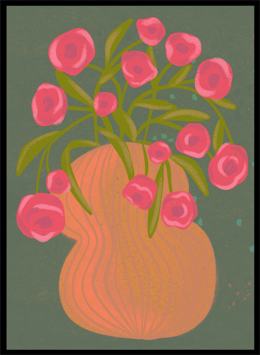Shop Pink Flowers Orange Vase by Nikita Jariwala, a floral wall art print poster with bold pink blooms, an orange vase, olive stems, and deep green tones.