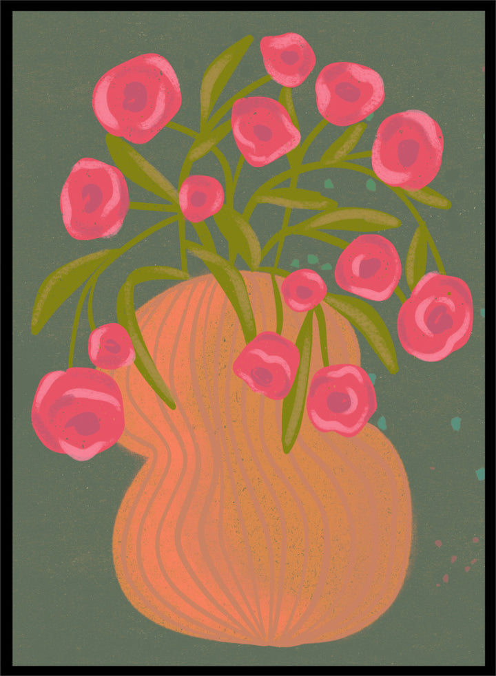 Shop Pink Flowers Orange Vase by Nikita Jariwala, a floral wall art print poster with bold pink blooms, an orange vase, olive stems, and deep green tones.