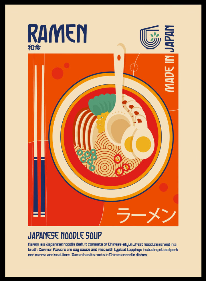 A stylized travel poster of Japanese Ramen noodle soup, featuring a central illustration of a bowl filled with noodles, a soft-boiled egg, green onions, and a ladle, set against a warm orange and beige background with &