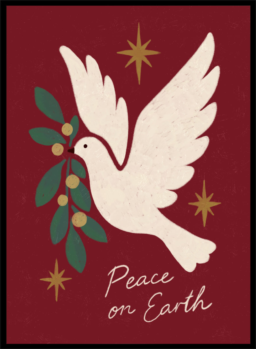 Shop Peace On Earth Dove by Katarzyna Gąsiorowska, a Christmas wall art print poster featuring a white peace dove, olive branch, stars, and festive holiday message.
