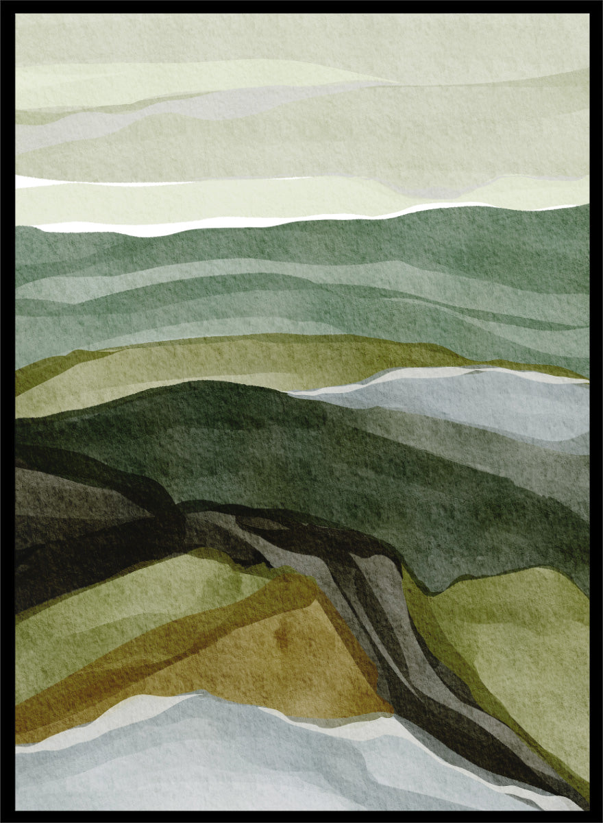 Shop Serene Green Landscape by Nikita Jariwala, a modern abstract landscape art print featuring layered hills, rolling countryside, and soft green, olive, gray, and blue tones.