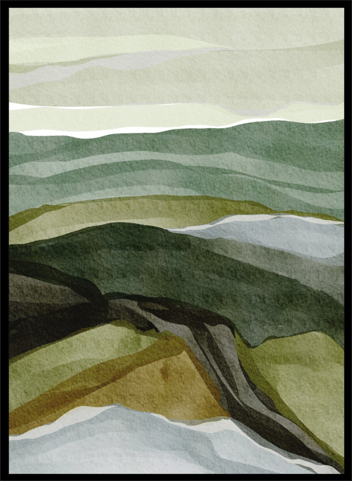 Shop Serene Green Landscape by Nikita Jariwala, a modern abstract landscape art print featuring layered hills, rolling countryside, and soft green, olive, gray, and blue tones.