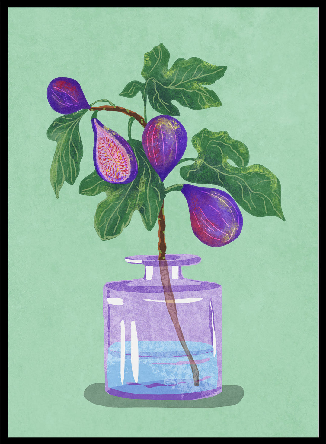 Illustration of a plant with purple fruits in a glass bottle on a green background. Figs Branch In Vase by Raissa Oltmanns is a modern fig still life art print with purple fruit and botanical kitchen wall poster design.