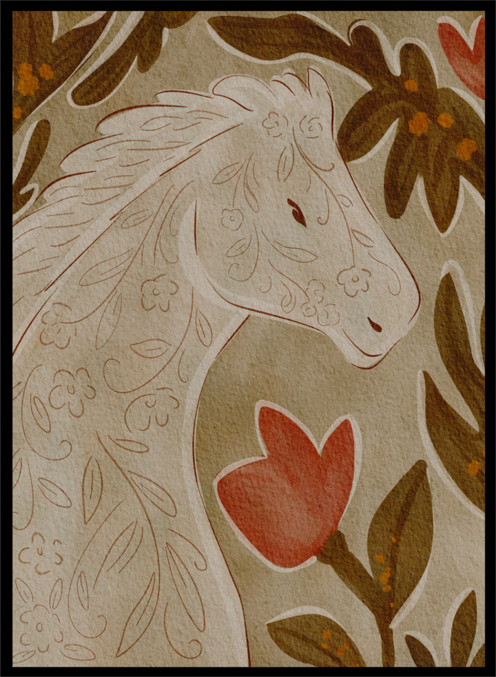 A close-up of a decorative textile or rug pattern featuring a stylized horse head in cream with floral line details, surrounded by brown leaves and a red flower on a beige background. Shop Elegant Floral Horse by Nikita Jariwala, a decorative horse wall art print featuring botanical details, folk-inspired pattern, and warm earthy neutral tones.
