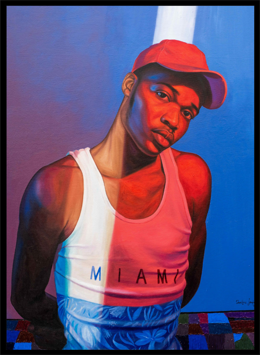 A stylized portrait painting of a man wearing a red cap, a white tank top with 'MIAMI' across the chest, and blue shorts against a blue and purple background. Shop Intense Miami Portrait by Damilare Jamiu, a contemporary portrait art print featuring bold red and blue lighting, a Miami tank, and a relaxed modern pose.