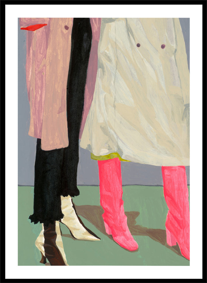 Shop Pink Boots Style by Sophia Novosel, a modern fashion wall art print poster featuring hot pink boots, cream heels, layered coats, and a cropped street-style scene.
