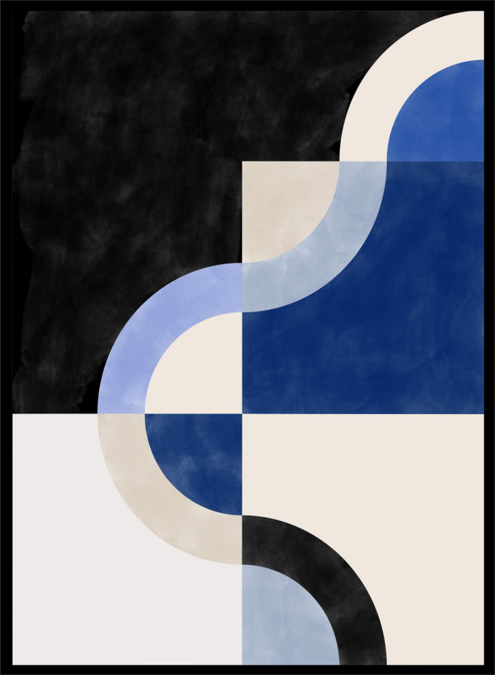 Shop Abstract Curves Flow by Elena Ristova, a modern abstract wall art print poster featuring sweeping blue curves, cream blocks, and bold black accents.