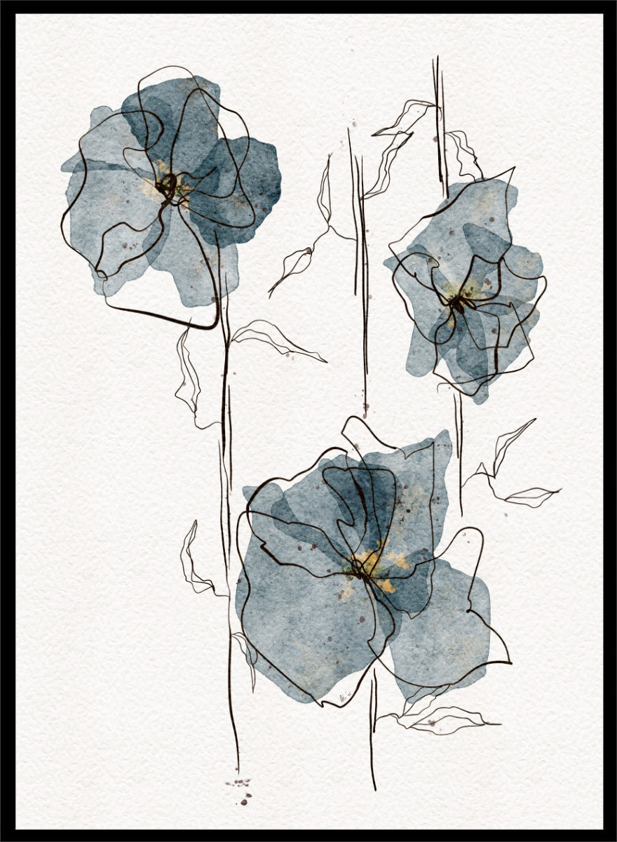 A framed watercolor and ink floral art print featuring three blue-gray flowers with black sketch lines on a white textured background. Shop Delicate Blue Blooms by Ankie Kooi, a modern floral wall art print poster featuring abstract watercolor flowers, botanical line art, blue, cream, and black.