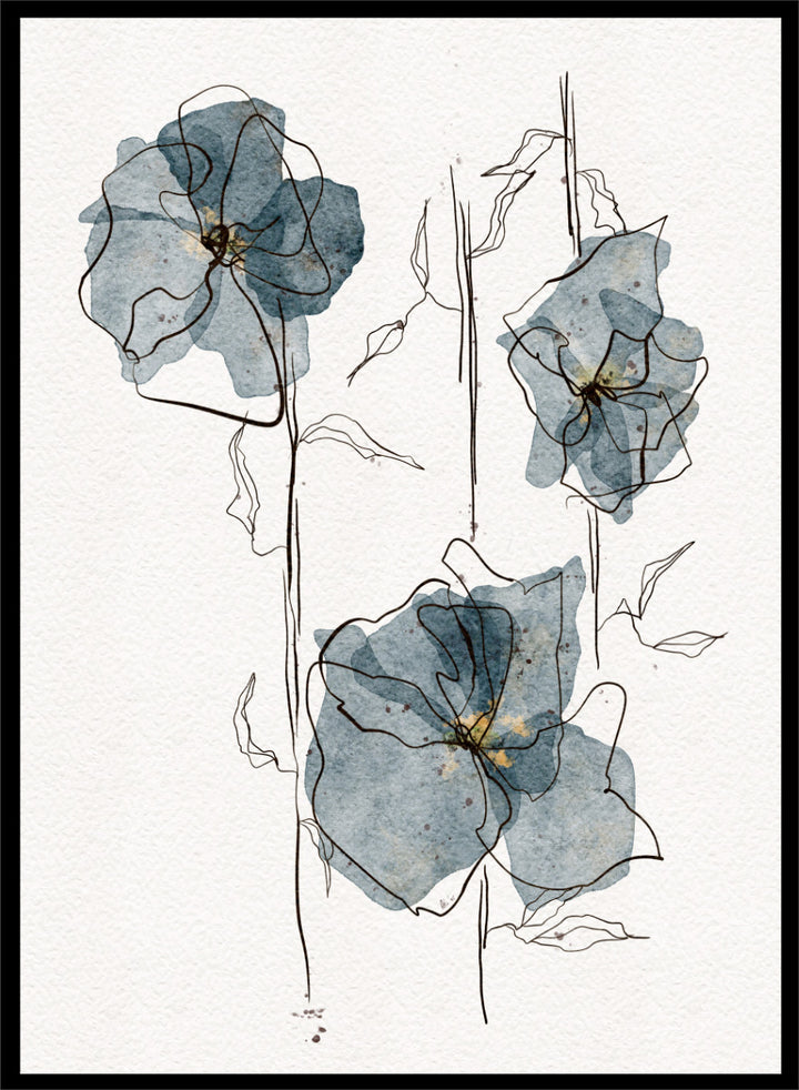 A framed watercolor and ink floral art print featuring three blue-gray flowers with black sketch lines on a white textured background. Shop Delicate Blue Blooms by Ankie Kooi, a modern floral wall art print poster featuring abstract watercolor flowers, botanical line art, blue, cream, and black.