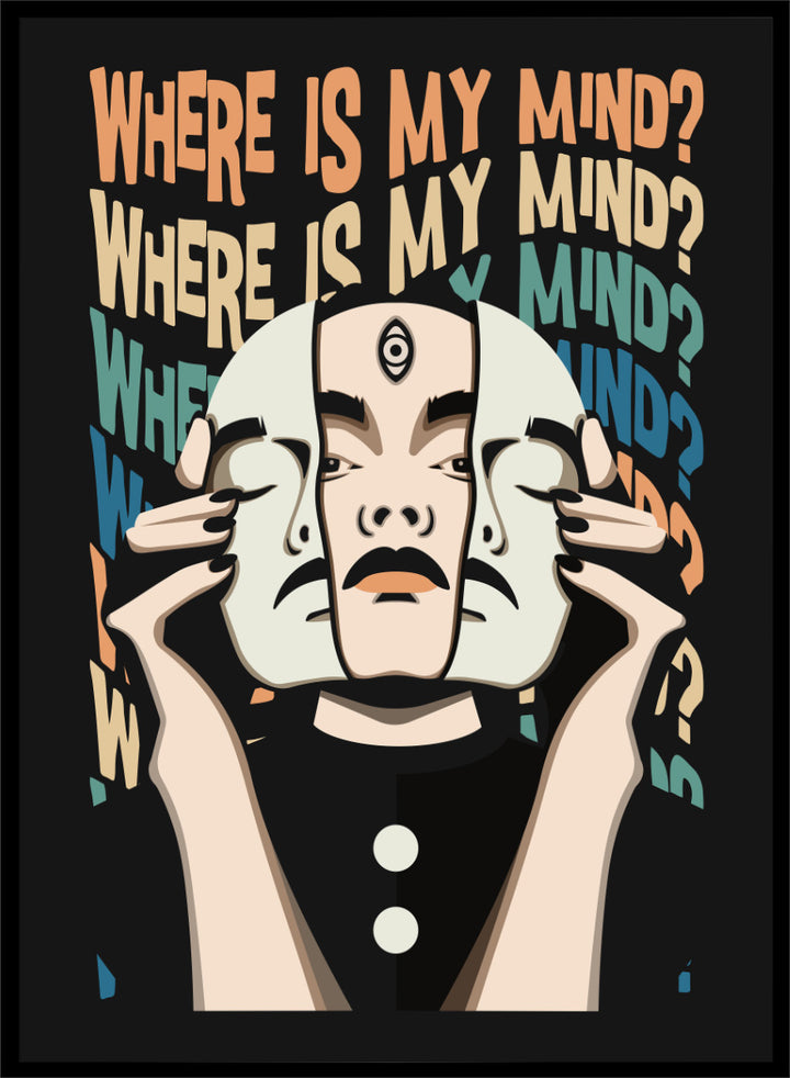 A stylized graphic art print featuring a person in a black outfit holding a white mask in front of their face, with the text &