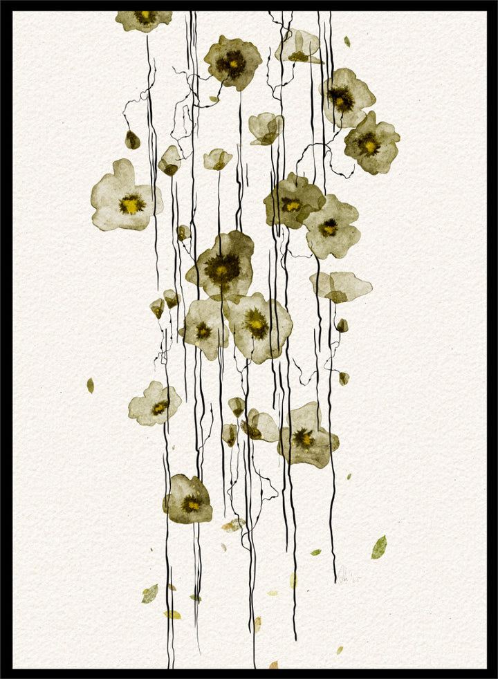 Shop Flowing Green Flowers by Ankie Kooi, a modern floral wall art print poster with abstract botanical line art, watercolor flowers, green tones, and cream.