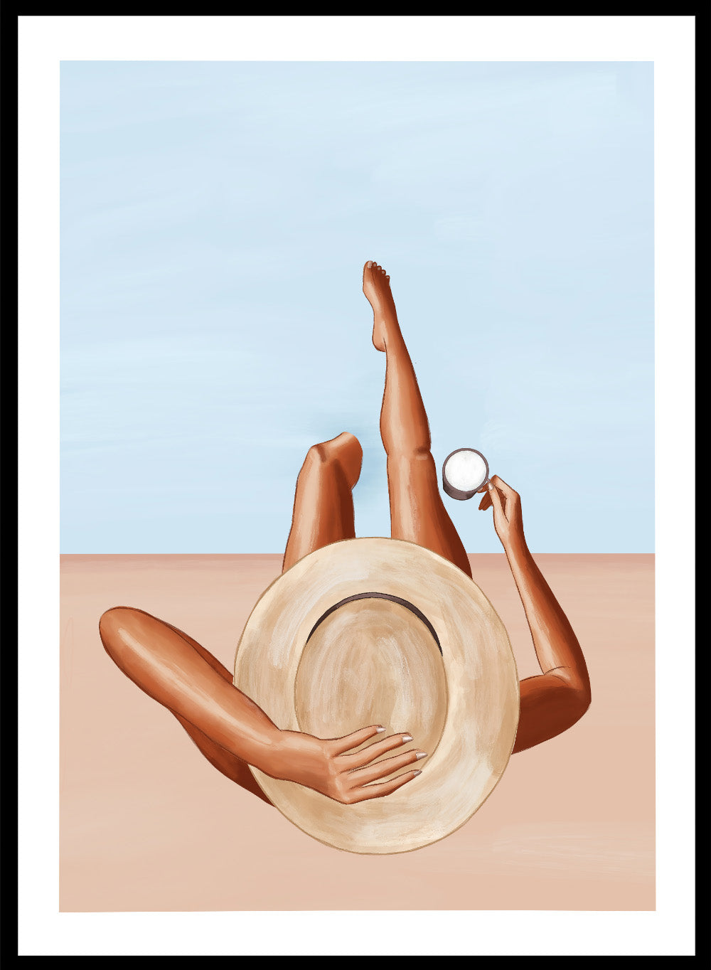 Poolside Girl by Ivy Green is a modern illustration art print featuring a woman relaxing poolside in the sun. Premium fine art print with optional wood framing.