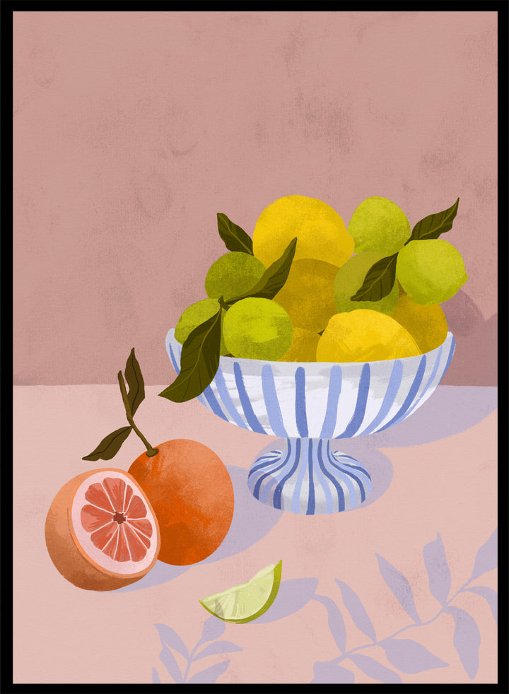 Illustration of a bowl with lemons and limes on a pink background. Bittersweet by Goed Blauw is a still life art print and wall poster with lemons, limes, and grapefruit in a striped bowl on a soft pink background.
