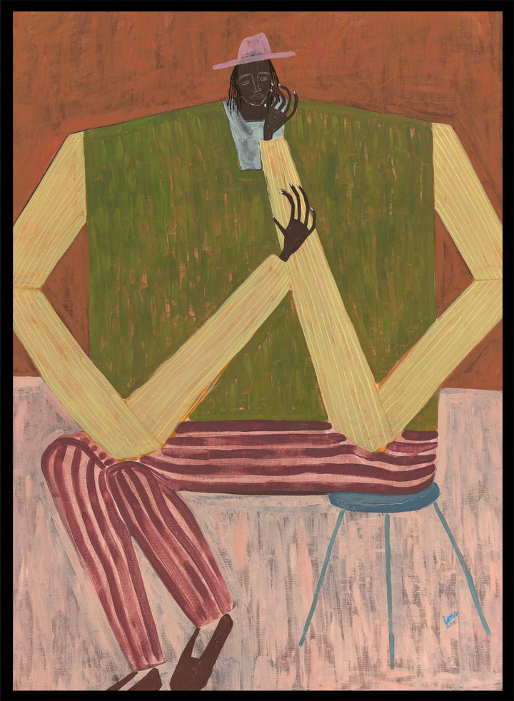 Surrealistic painting of a person sitting on a chair with geometric shapes and abstract design. Take a Moment by Studio IMO (Ibi Meier-Oruitemeka) is a modern figurative art print featuring a seated figure in a calm, reflective pose, designed as a contemporary wall art poster.