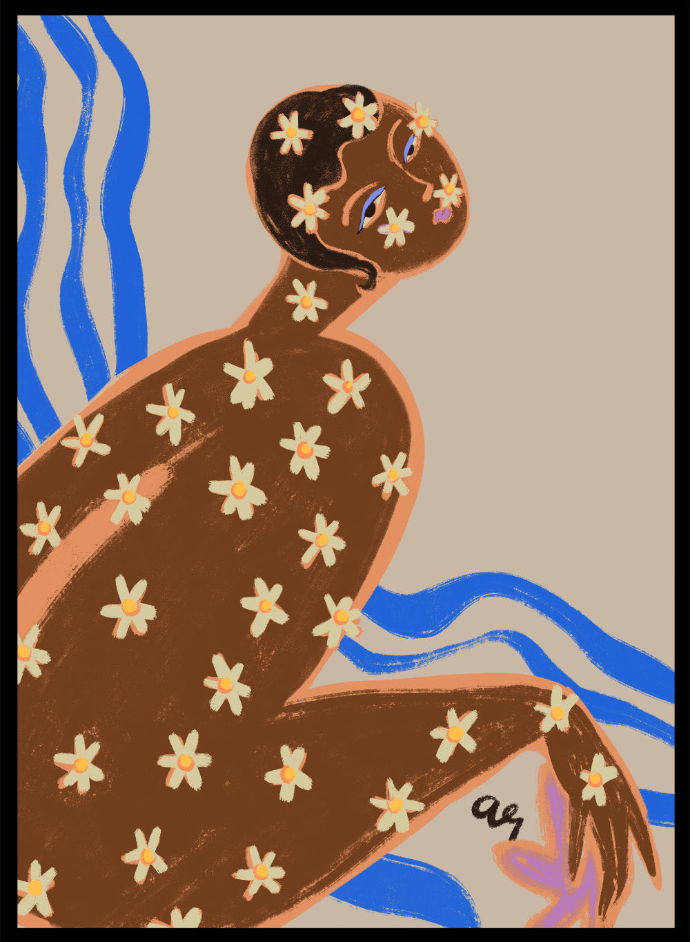 Artistic illustration of a person with floral patterns on a beige background. Blooming Daisy by Arty Guava is a modern woman floral art print with daisies and bold blue lines. Officially licensed contemporary wall poster.