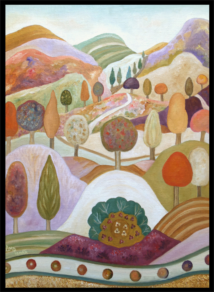 A colorful landscape painting featuring stylized hills, rolling hills, and trees in pastel and earthy tones. Shop Whimsical Autumn Landscape by Angeles M. Pomata, a colorful fall landscape art print featuring rolling hills, winding paths, and stylized autumn trees.