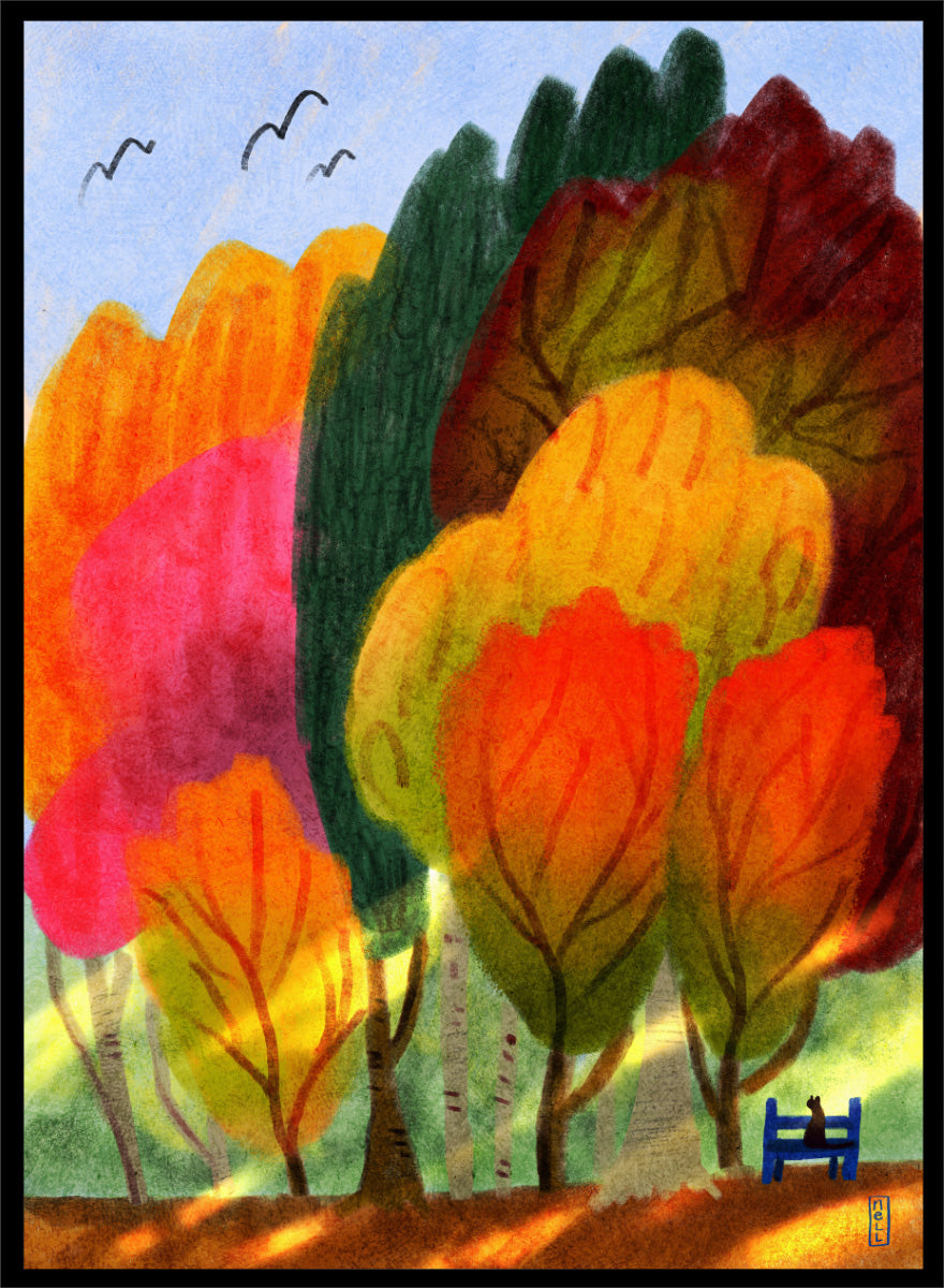 A colorful abstract landscape painting featuring stylized trees in shades of orange, yellow, red, green, and pink under a light blue sky with birds. Shop Cat On a Park Bench and Autumn Trees by Dirkie Nell, a colorful autumn landscape and animal art print featuring a black cat, park bench, and vivid fall trees.