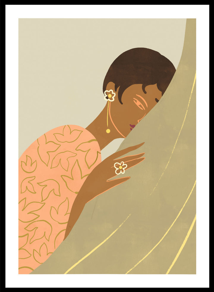 Illustration of a woman wrapped in a floral-patterned shawl with a neutral background. The Introvert by Arty Guava is a modern portrait illustration featuring a woman figure, soft color palette, contemporary wall art style, and officially licensed artwork.