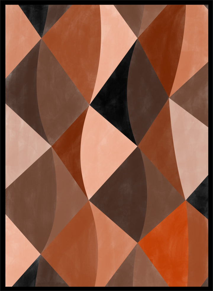 Shop Earthy Geometric Abstraction by Elena Ristova, a modern abstract wall art print poster featuring curved geometric shapes in rust, brown, pink, cream, and black.