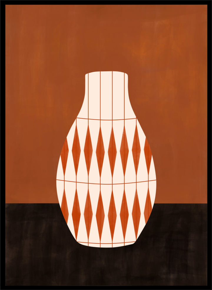 Shop Geometric Vase by Elena Ristova, a set of 2 modern wall art prints posters featuring bold patterned vases in orange, brown, black, and rich rust tones.