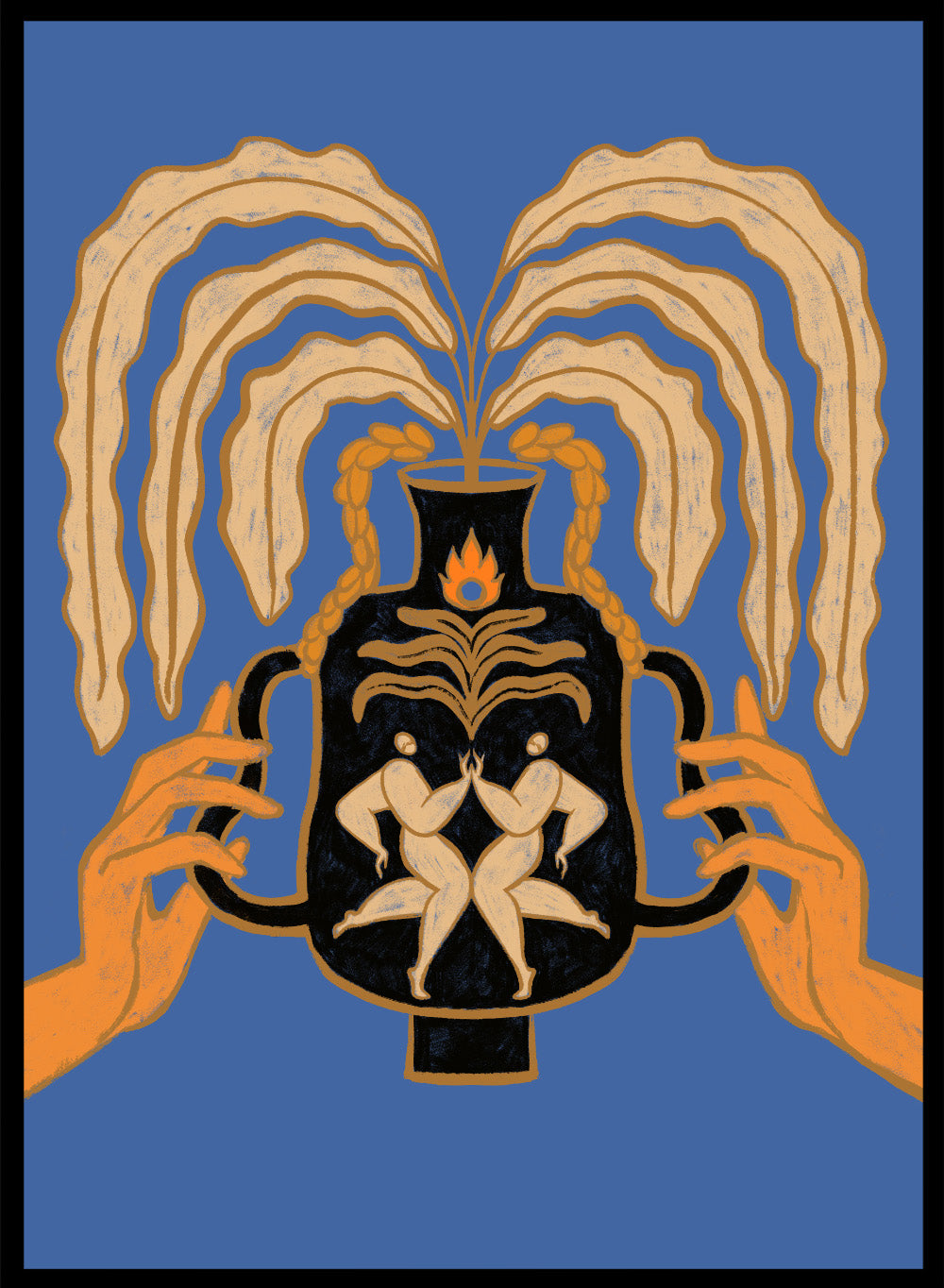 Decorative urn with hands holding it against a blue background. Vessel Collection: Let’s Meet Again by Arty Guava art print, modern vase wall poster with symbolic figures, contemporary blue minimalist illustration.