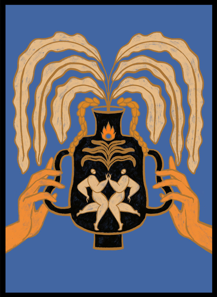 Decorative urn with hands holding it against a blue background. Vessel Collection: Let’s Meet Again by Arty Guava art print, modern vase wall poster with symbolic figures, contemporary blue minimalist illustration.