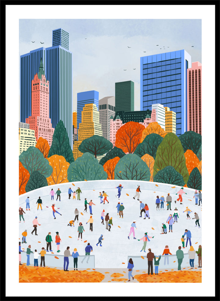 A framed art print depicting a city skyline with autumn trees and a large white ice rink filled with small illustrated people skating. Autumn City Ice Skating by Ceyda Alasar city art print featuring a lively outdoor rink, fall trees, skaters, and a colorful urban skyline.