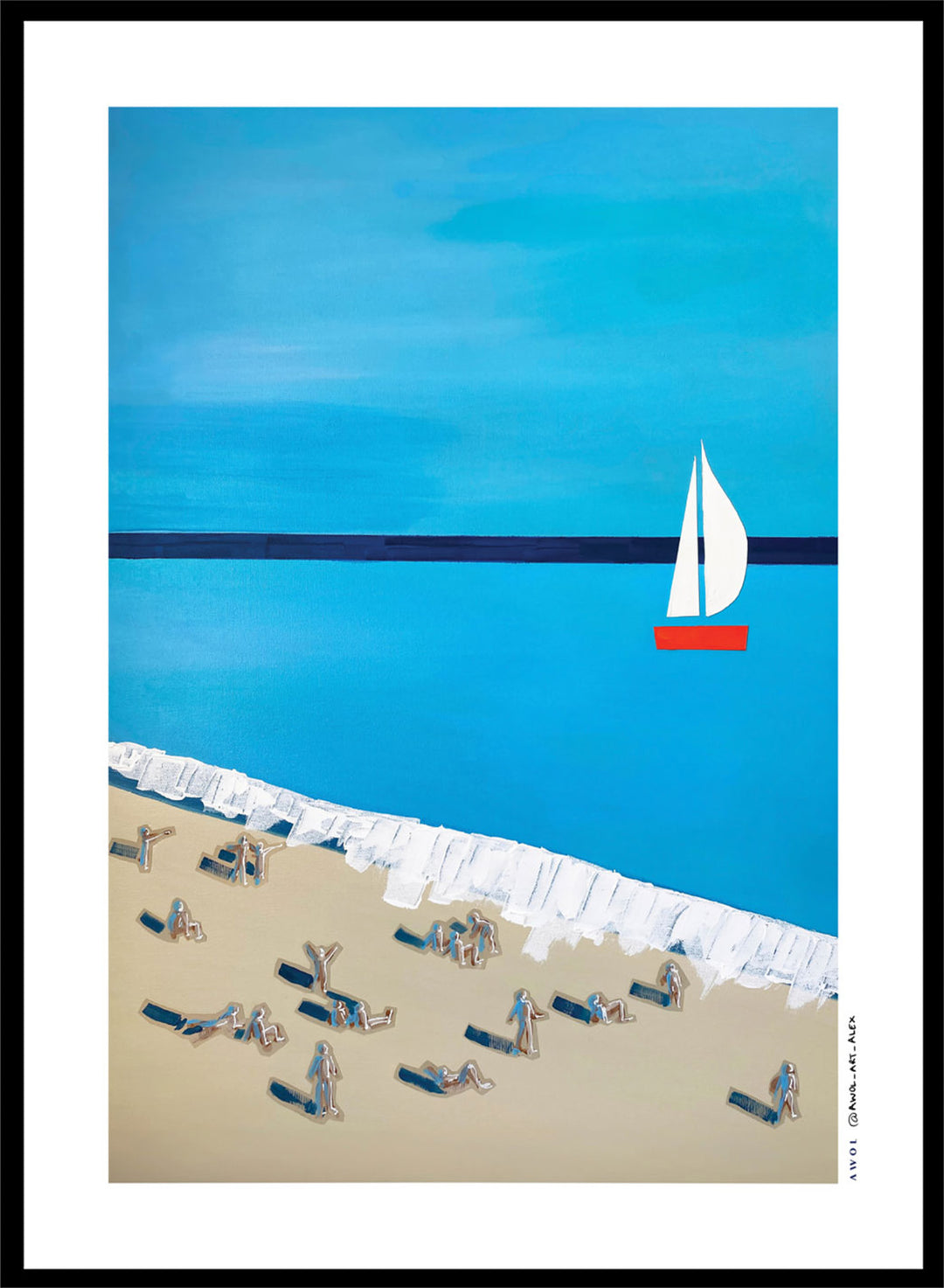 Minimalist Beach Day by Awol Art Alex is a modern coastal art print featuring tiny beachgoers, blue water, white waves, and a red sailboat.