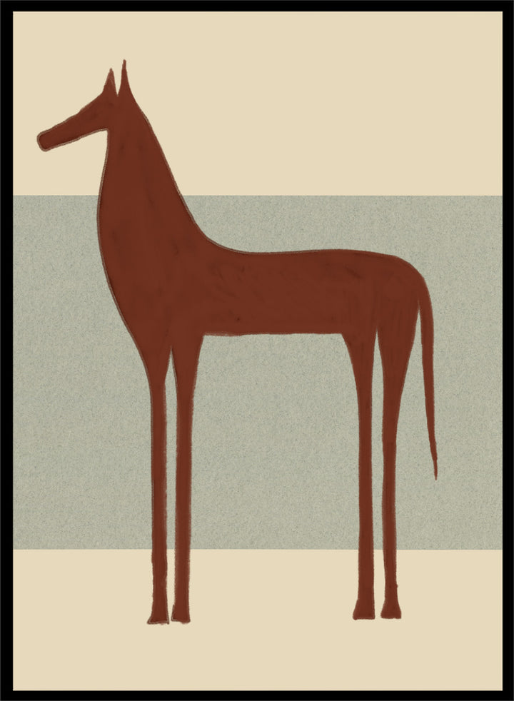 Minimalist Brown Horse by The Art Concept animal art print featuring a tall brown horse, elongated proportions, and a soft cream and blue-grey background.