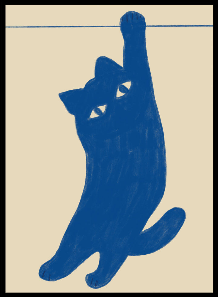 A stylized blue cat silhouette hanging from a thin horizontal line on a warm beige background. Hanging Blue Cat by The Art Concept is a playful cat art print featuring a blue cat dangling from one paw against a warm cream background.