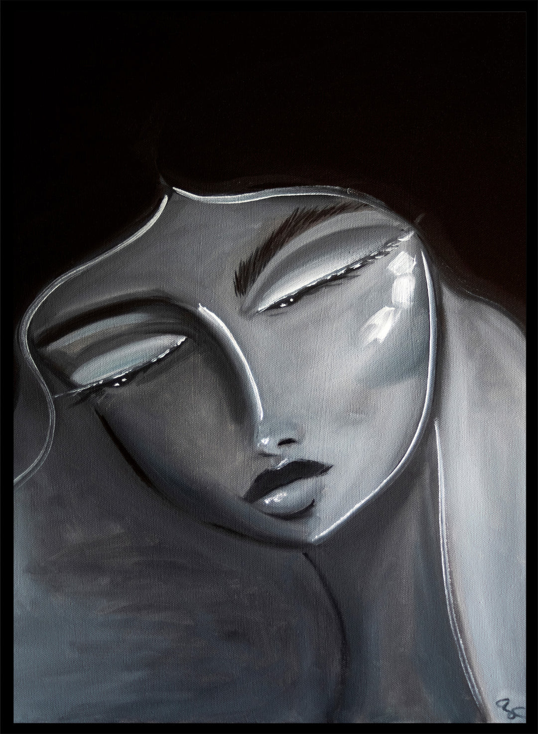 Artistic depiction of a stylized face with long hair on a dark background. Serene Woman Portrait by Amy Straley is a contemporary figurative art print featuring a monochromatic female portrait in soft grey and silver tones.
