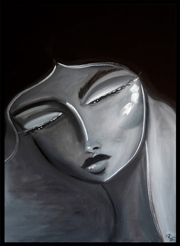 Artistic depiction of a stylized face with long hair on a dark background. Serene Woman Portrait by Amy Straley is a contemporary figurative art print featuring a monochromatic female portrait in soft grey and silver tones.