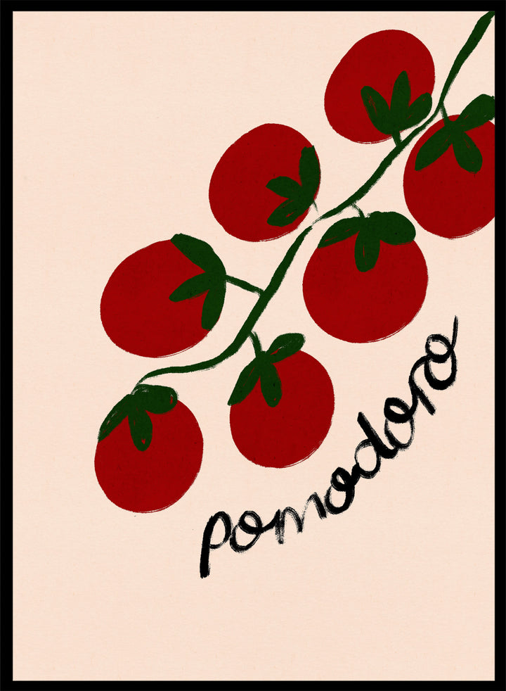 Illustration of red tomatoes on a branch with ' pomodoro' text on a beige background. Italian Pomodoro Tomatoes by Dirkie Nell is a contemporary food art print featuring hand painted red tomatoes, playful typography, and colorful Mediterranean inspired style.