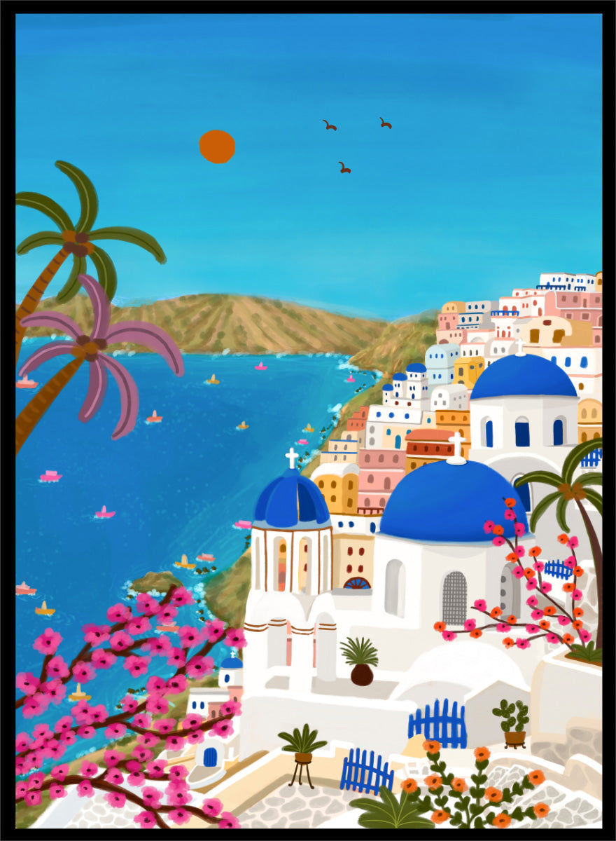 Shop Santorini Blue Domes by Nidhi Kachhadiya, a colorful Greek island wall art print inspired by Santorini, blue domes, whitewashed architecture, and Mediterranean views. A colorful illustrated coastal village scene with white buildings, bright blue domes, palm trees, pink flowering branches, a blue sea, and a clear sky with a sun and birds. 