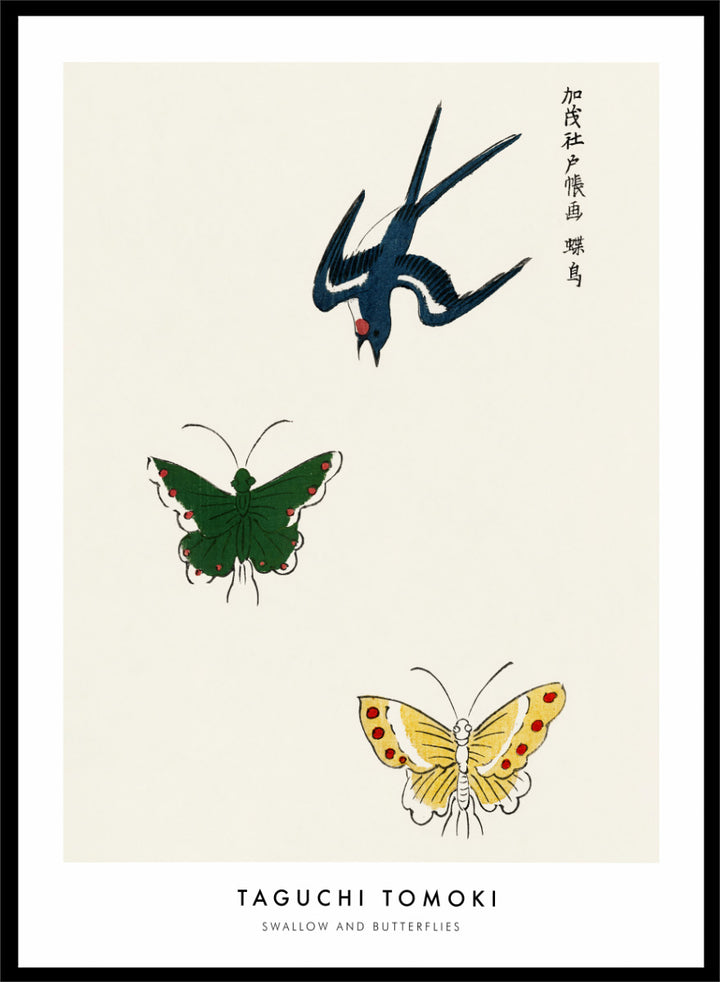Swallow and Butterflies by Taguchi Tomoki from Yatsuo no Tsubaki is a vintage Japanese woodblock art print featuring a blue swallow and colorful butterflies on warm ivory.