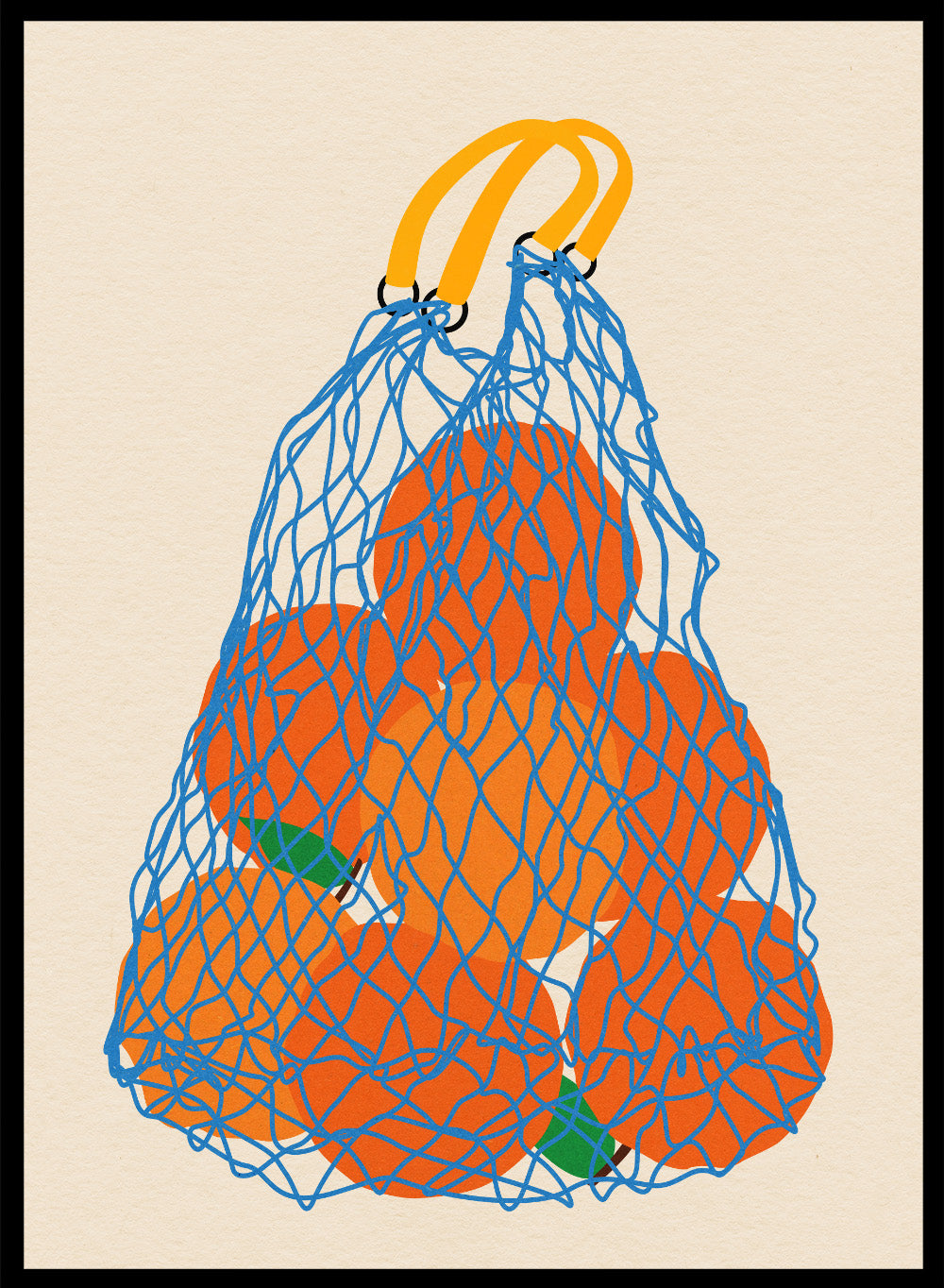 Blue mesh bag filled with orange fruits on a beige background. Oranges In a Net Bag by Rosi Feist is a modern minimalist fruit art print with bold color and Bauhaus-inspired graphic design. Officially licensed fine art poster with framing.