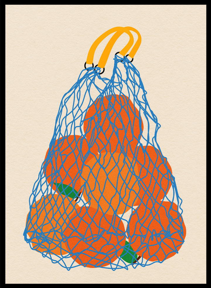 Blue mesh bag filled with orange fruits on a beige background. Oranges In a Net Bag by Rosi Feist is a modern minimalist fruit art print with bold color and Bauhaus-inspired graphic design. Officially licensed fine art poster with framing.