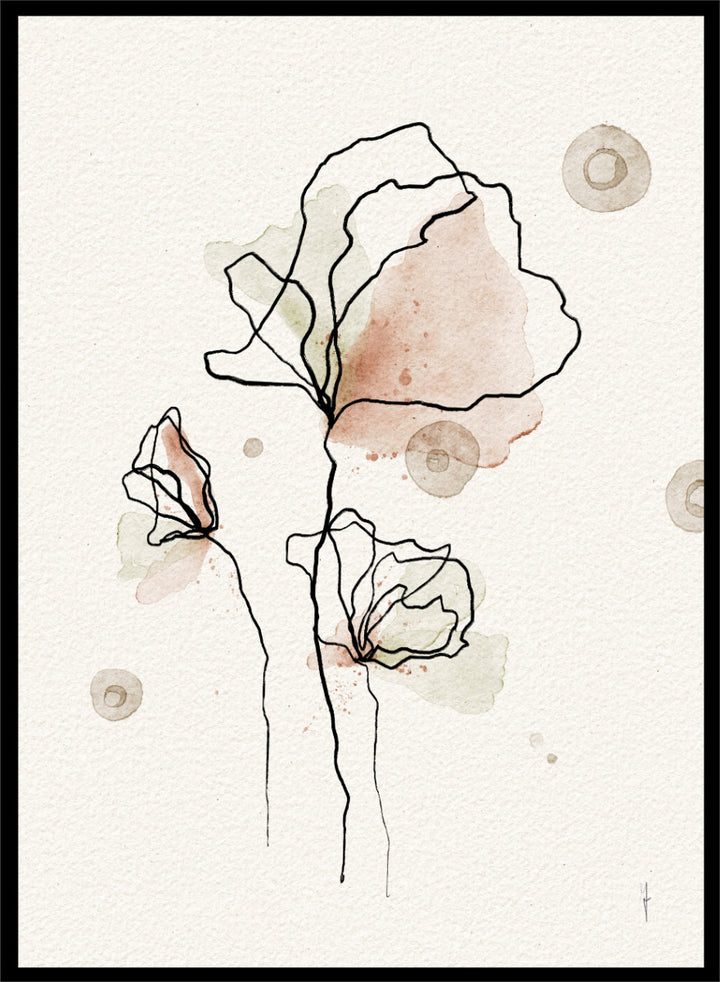Shop Abstract Watercolor Flowers by Ankie Kooi, a floral wall art print poster with blush pink blooms, black linework, pale green washes, and soft botanical detail.