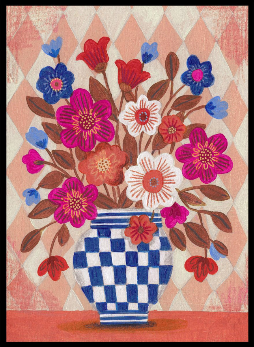 Caroline Bonne Müller - Vibrant Checked Vase Flowers Licensed Fine