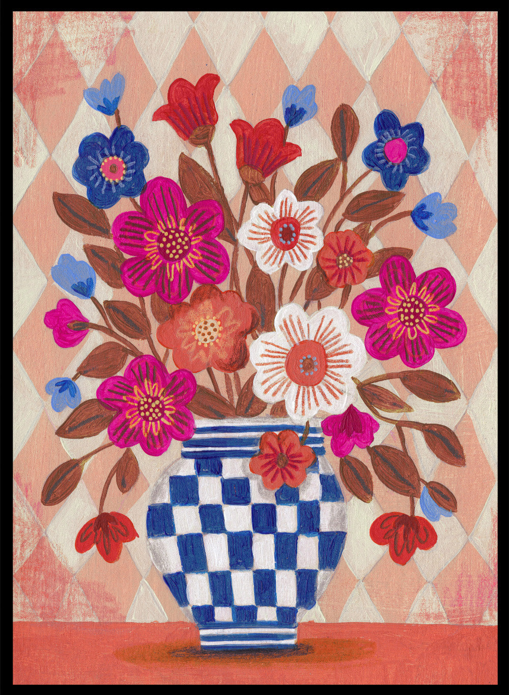 Decorative quilt with a blue and white checkered vase and colorful flowers on a patterned background. Vibrant Checked Vase Flowers by Caroline Bonne Müller is a fine art print and wall poster featuring colorful flowers in a blue checkered vase.
